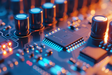 close up photo of electronic circuit board with blue 