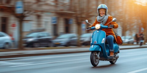 Elderly Woman On Blue Scooter, Happily Cruising, Captured By Ai. Concept Fall Foliage, Mountain Hiking, Sunset At The Beach, City Skylines, Wildlife Encounters