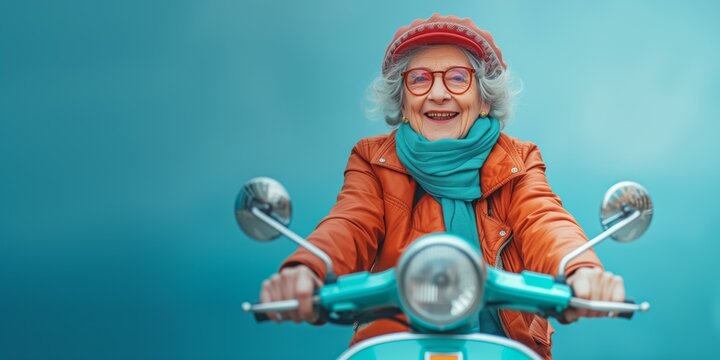 Ai Captures Delightful Image Of Elderly Woman Cruising On Blue Scooter. Concept Active Seniors, Fun With Mobility Devices, Age Is Just A Number, Embracing Independence, Capturing Moments Of Joy