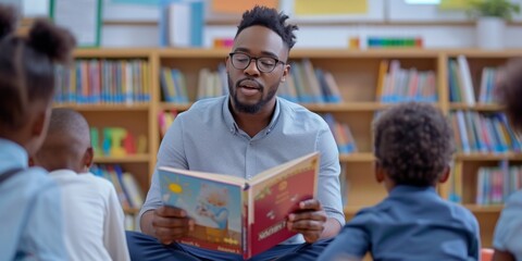 Engaging Male Teacher Captivates Kindergarteners While Reading A Delightful Picture Book. Concept...