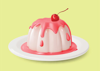 3d Panna Cotta with Cherry and Syrup Sweet Dessert Food Cartoon Style Isolated on a White Background. Vector illustration