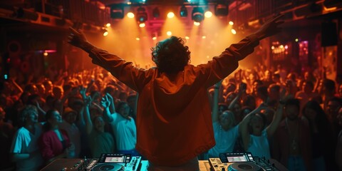 Excited Crowd Joins Dj On Stage Dancing And Having Fun At Nightclub. Concept Nightclub Party, Energetic Music, Dancing Crowd, Dj On Stage, Excitement And Fun