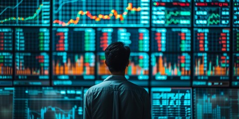 Finance Manager Uses Ai To Analyze Stock Market Data For Investment Strategies. Concept Stock Market Analysis, Ai In Finance, Investment Strategies, Financial Manager, Data-Driven Decision Making - obrazy, fototapety, plakaty