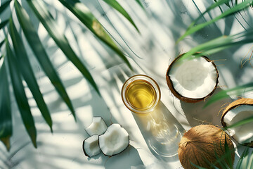 coconut oil on the counter with leaves and coconuts i - obrazy, fototapety, plakaty