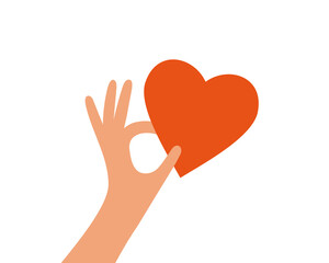 Human hand holding red heart shape. Charity, donation, volunteer work, sharing love concept. Giving helping hand or donate for needy. Social care poster, design element. Big love vector illustration