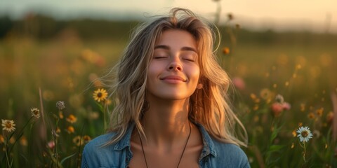 Freespirited Woman With A Bohemian Style Enjoying Nature In A Field. Concept Bohemian Fashion, Nature Photography, Field Photoshoot, Free-Spirited Style