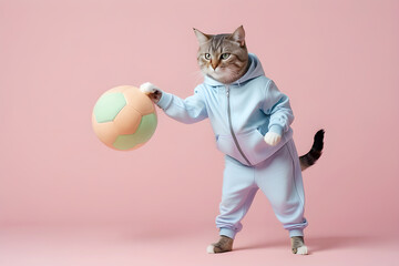 cat in a tracksuit plays with balls on a light pastel background. Toys for cats. The cat is a football player. Playground AI platform
