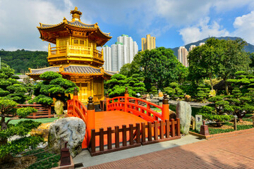 Pagoda style Chinese architecture in garden, Hong Kong
