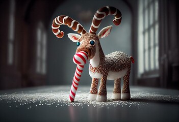 Rudolph with candy cane. Generative AI