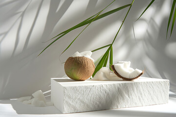 coconut with coconut products coconut cream and a lea - obrazy, fototapety, plakaty