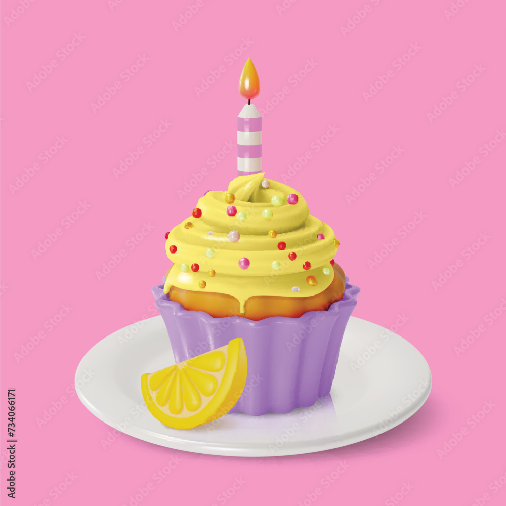 Sticker 3d Lemon Cupcake with Candle Sweet Dessert Food Cartoon Style Isolated on a White Background. Vector illustration of Muffin with Cream