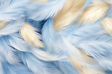 Fototapeta na wymiar Beautiful closeup feather background in light blue and gold colors. Macro texture of colorful fluffy feathers from tropical bird. Minimal abstract pattern with copy space