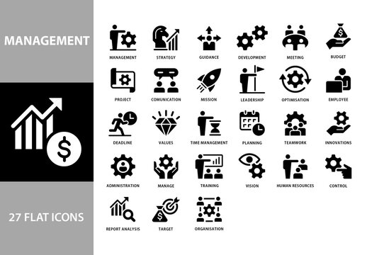 Management 27 Black and White Icons Set