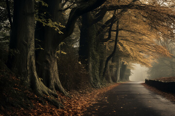 autumn road under huge old trees