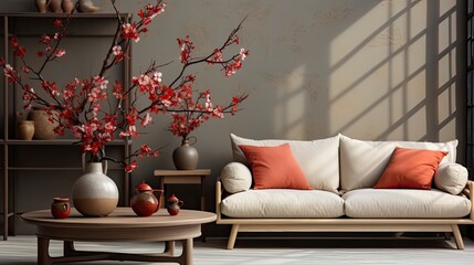 Warm and cozy interior of living room space with round wooden table, beige sofa, red flowers, kimono, rattan chair, decoration. Home decor. Template, copy space