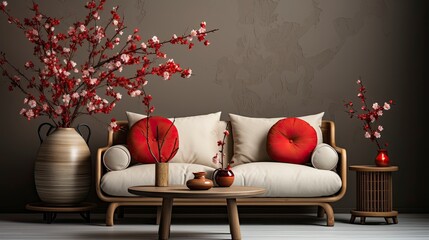 Warm and cozy interior of living room space with round wooden table, beige sofa, red flowers, kimono, rattan chair, decoration. Home decor. Template, copy space