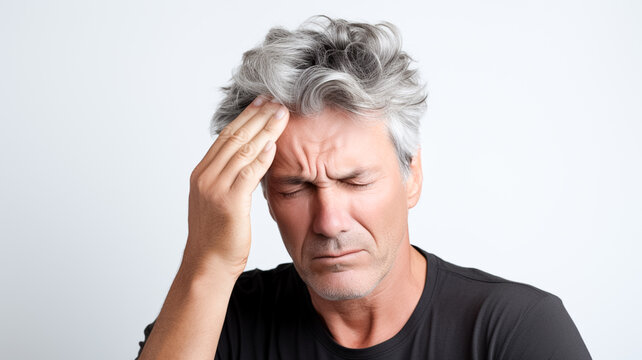 Mature man holding his head with her hands while having a headache and feeling unwell. Senior male with headache, pain face expression isolated on grey background.
