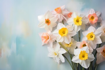 Fototapeta na wymiar Overhead capture of colorful daffodils on a pale pastel canvas, leaving room for personalized messages.
