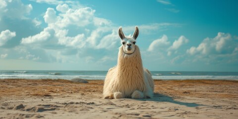 Laidback, Cool Llama Lounging By The Seaside, Embracing An Idyllic Getaway. Concept Feasting On Exquisite Cuisine, Exploring Ancient Ruins, Unwinding On Pristine Beaches