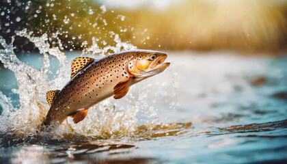 Brown trout is jumping out of water with water splash at the sunny lake
