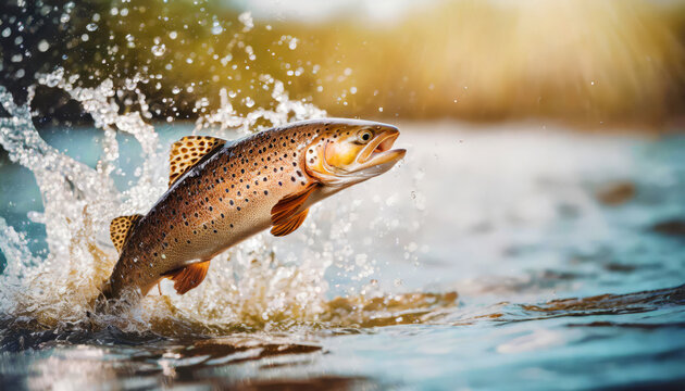 Brown trout is jumping out of water with water splash at the sunny lake
