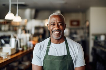 Fototapeta na wymiar Portrait of a happy male cafe owner with apron in restaurant