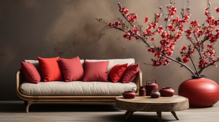 Warm and cozy interior of living room space with round wooden table, beige sofa, red flowers, kimono, rattan chair, decoration. Home decor. Template, copy space