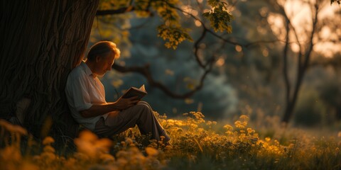 Man Enjoying A Book Beneath A Tree, Contemplating The Serene Evening. Concept Wisdom Of Nature, Tranquil Reading, Serene Solitude, Gentle Reflection