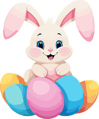 Bunny sitting with colorful eggs cartoon illustration in transparent background png, for Easter day, nursery, children's book, party, kid-friendly character, baby shower, whimsical style,  spring