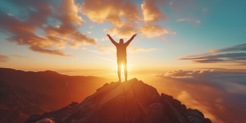 Victorious Man Revels In Spectacular Sunset View From Mountain Summit. Concept Mountain Climbing Adventure, Breathtaking Sunsets, Peak Of Triumph, Nature's Splendor - obrazy, fototapety, plakaty