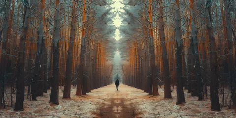 Fotobehang Man Walks Through Enchanted Forest Guided By Shimmering Light To Dream World. Concept Enchanted Forest, Guided By Light, Dream World, Magical Journey, Man's Adventure © Ян Заболотний
