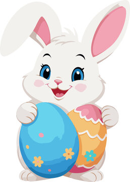 Bunny hugging colorful easter eggs cartoon illustration in transparent background svg, perfect for Easter day, nursery, and kid design element  