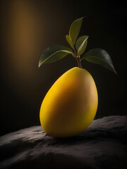 Mango. Generative AI. Fresh yellow mango on a dark background. Mango with stem and leaves. AI illustration