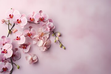 Overhead image of exotic orchids on a subtle pastel canvas, designed for easy and stylish text placement.