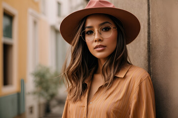Portrait of young stylish girl model in casual summer clothes in brown hat with natural makeup in glasses 