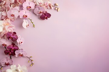 Fototapeta na wymiar Overhead image of exotic orchids on a subtle pastel canvas, designed for easy and stylish text placement.