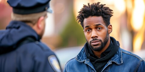 Police Officer Questioning African American Man During An Intense Confrontation. Concept Law Enforcement, Racial Tensions, Intense Confrontation, Police Officer, African American Man - obrazy, fototapety, plakaty