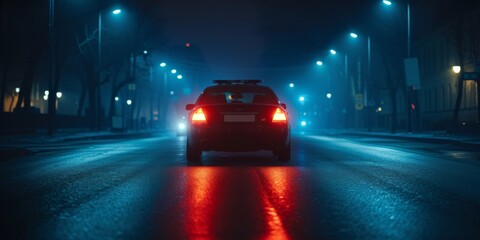 Police Car With Flashing Lights At Night, Securing Road For Crime Investigation. Concept Winter Landscape, Golden Hour Photography, High Fashion Editorials, Candid Street Photography - obrazy, fototapety, plakaty