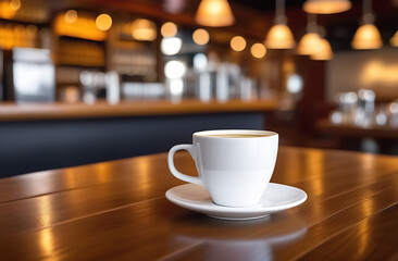 White cup of coffee on a wooden table in a bar with a blurred background.