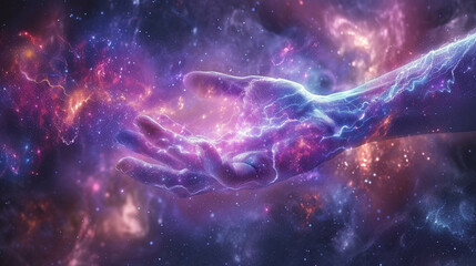 Illustrate a spiritual hand manipulating the wiring diagram of the universe channeling cosmic energy