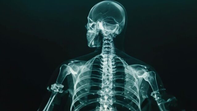 X-ray of person. Human anatomy. Man body scan. Medical Exploration through Radiographic Imaging back view. Health care. Xray photo. People skeleton hologram. Skull, bones diagnostic. Black background.