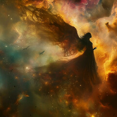 Design a mythical scene where devils dance in the nebula crafting a fantasy universe of dark beauty