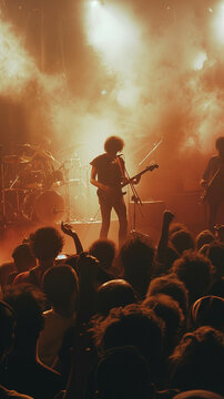 Depict an angry confrontation at a rock concert with the band playing fiercely in the background