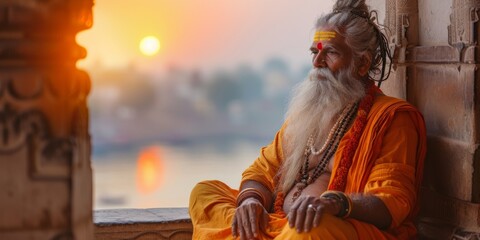 Serene Sunset Scene In Varanasi With Ancient Architecture And A Blissful Sadhu. Concept Culinary Exploration In Thai Street Markets, Adventure Hiking In The Swiss Alps, Historic Tour Of Mayan Ruins