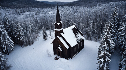 An old abandoned wooden church in the wilderness. Generative AI
