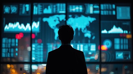 Silhouette of a man in a suit observing expansive digital screens displaying various data and world maps.