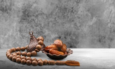 Tasty sweet dry dates. Islamic religion concept.