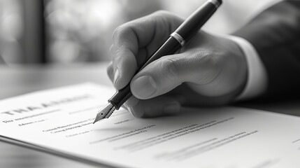 Monochrome image of a hand signing an official document with a black fountain pen, depicting legal or business activity. - obrazy, fototapety, plakaty