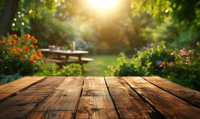 Empty wooden table in summer background with the blurred green garden and picnic or BBQ in the background. Generative AI - obrazy, fototapety, plakaty