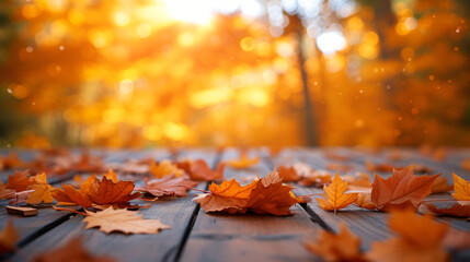 Naklejka na ściany i meble Orange fall leaves on wooden floor, autumn natural...